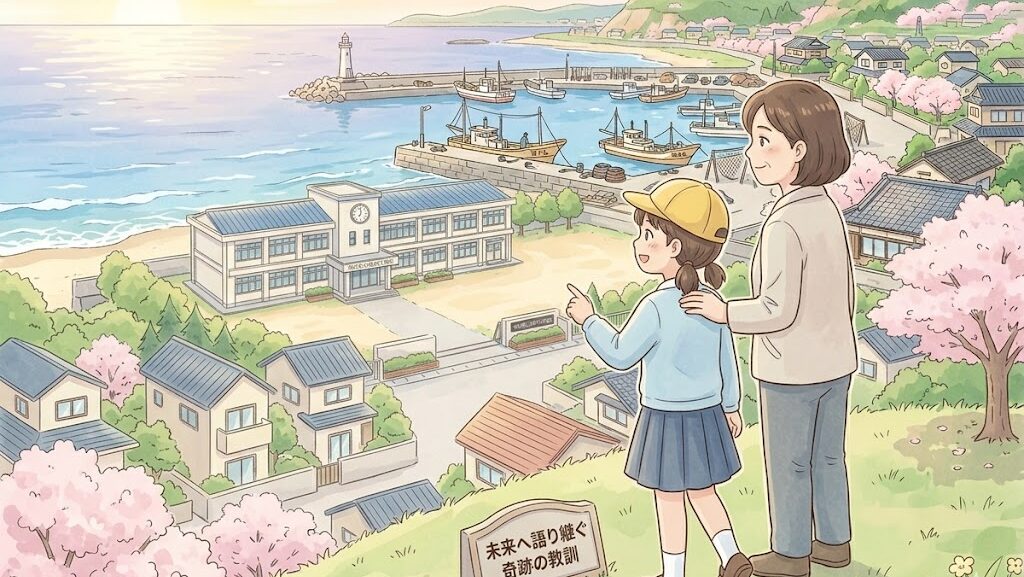 丘の上で未来を見つめる大人と子どものイラスト