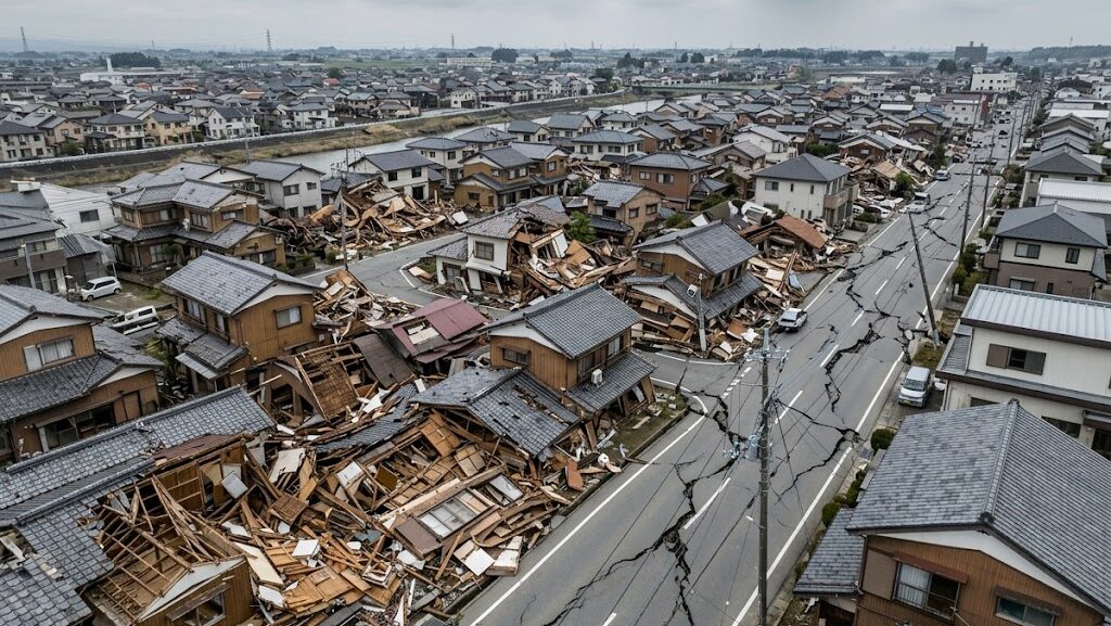 熊本地震で倒壊した住宅と損壊した道路の被害全体像