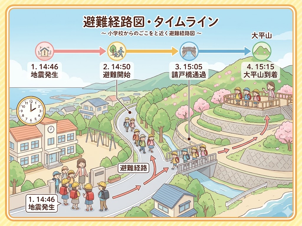学校から山への避難タイムラインを示した教育的イラスト