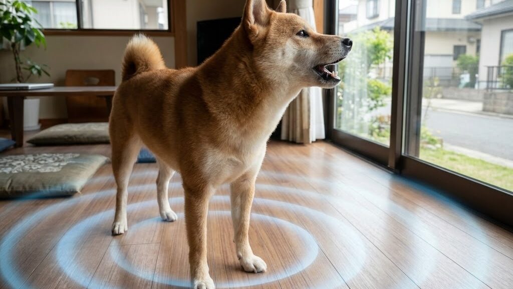 地震のP波を感知して吠える柴犬と、床から広がる波紋のイメージ