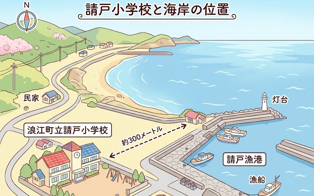 請戸小学校と海岸の位置関係を示した教育的な地図イラスト