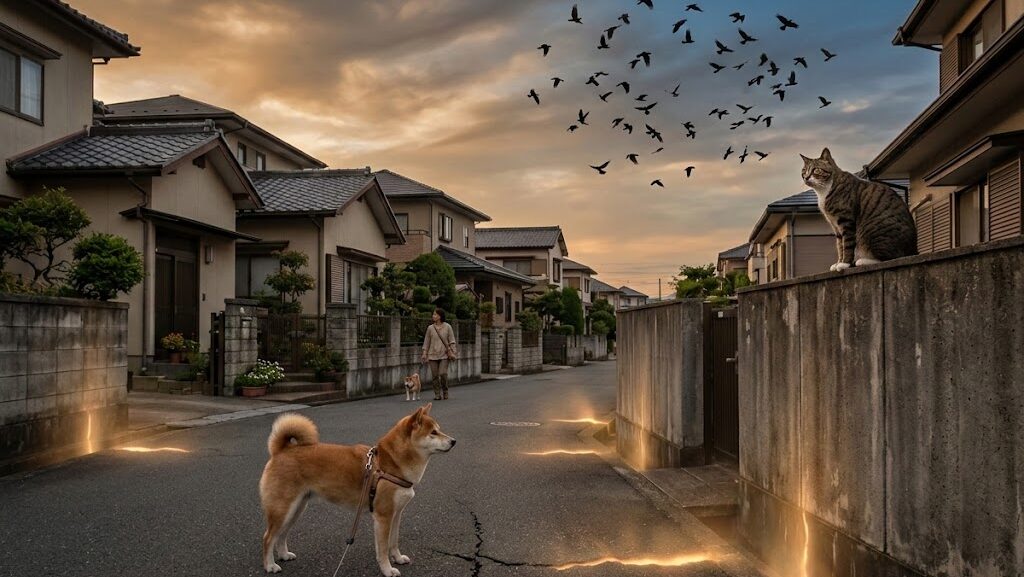 地震の前兆を感じて警戒する犬・猫・カラスが描かれた夕暮れの住宅街