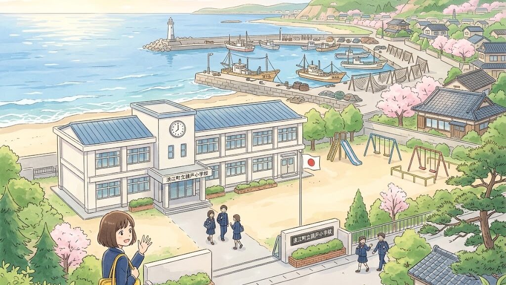海岸沿いにある請戸小学校と穏やかな漁港の風景イラスト