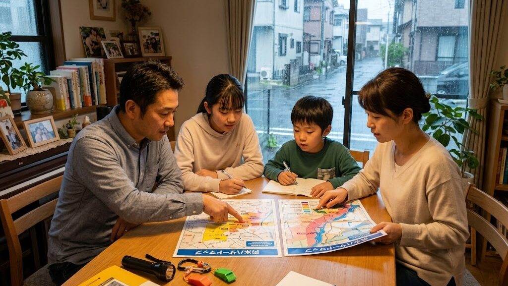 内水ハザードマップと洪水ハザードマップを確認する防災イメージ