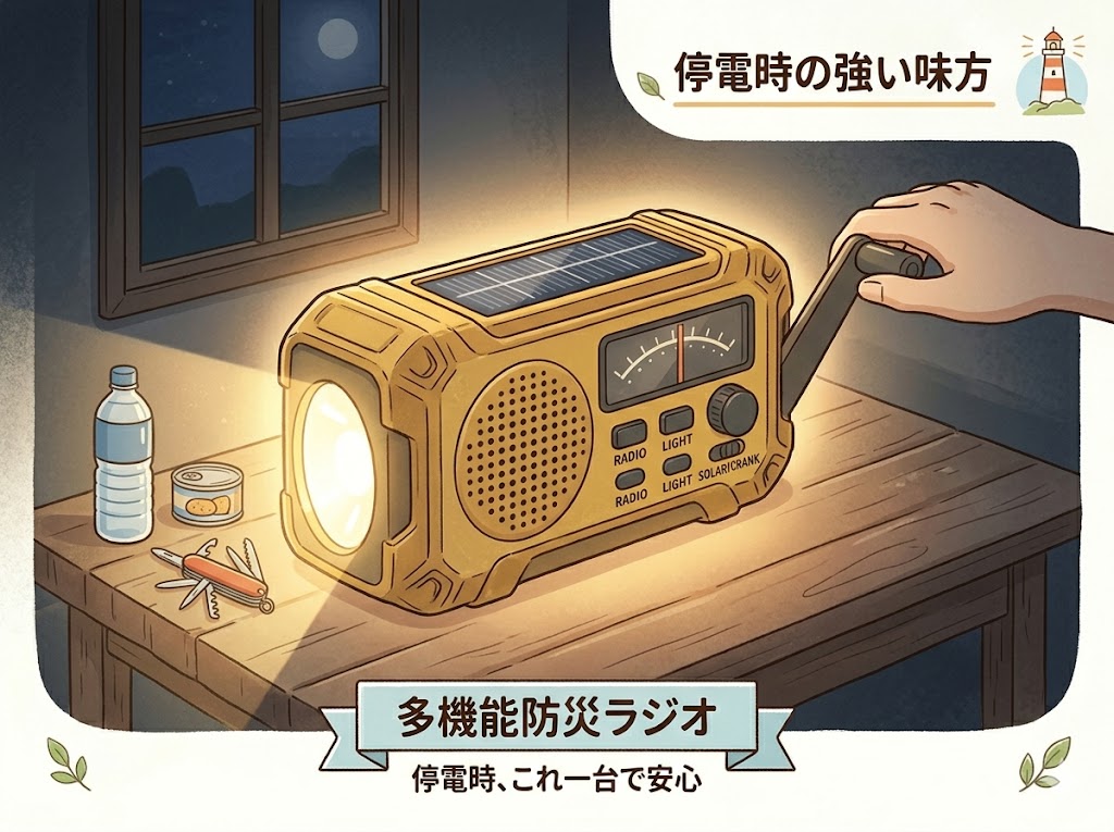 停電時に活躍する多機能防災ラジオライトのイラスト