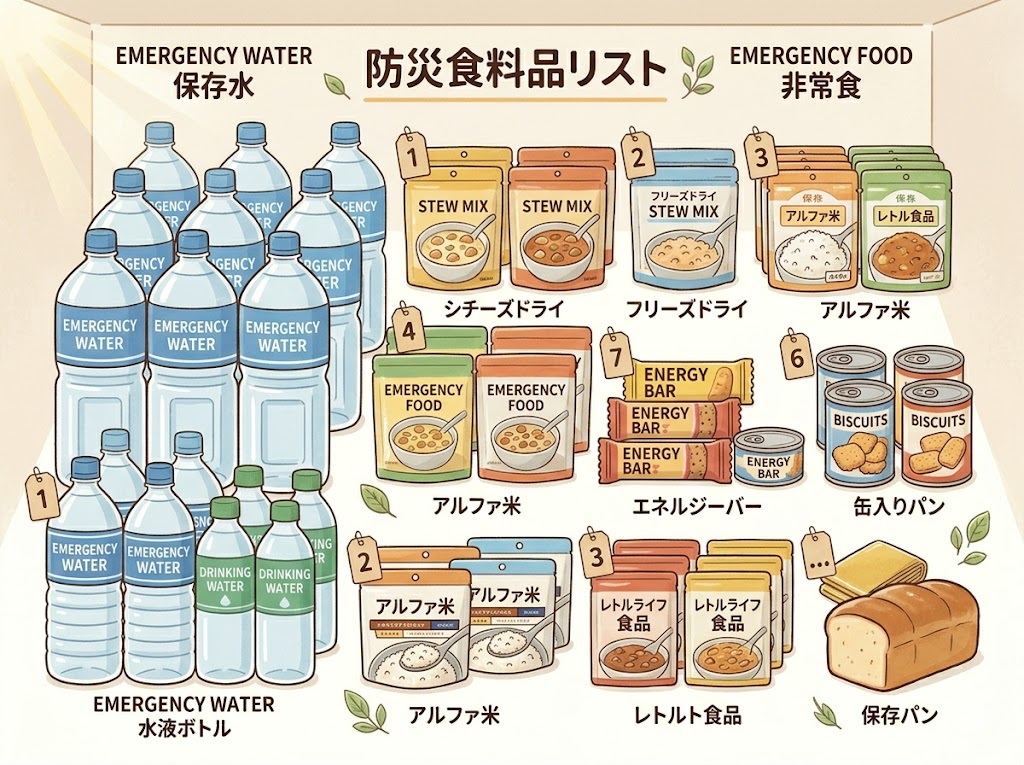 防災用の保存水と非常食のイラスト