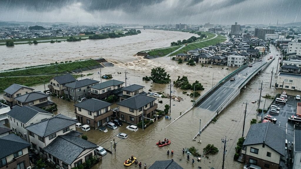 河川洪水と都市浸水が同時発生する水害リスクのイメージ