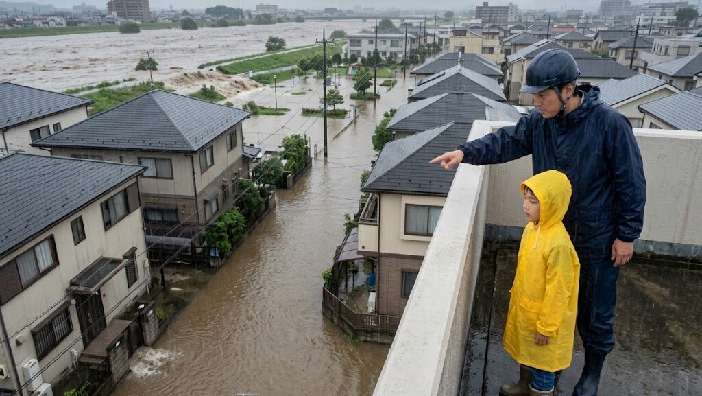 内水氾濫と外水氾濫の仕組みを理解するための水害イメージ