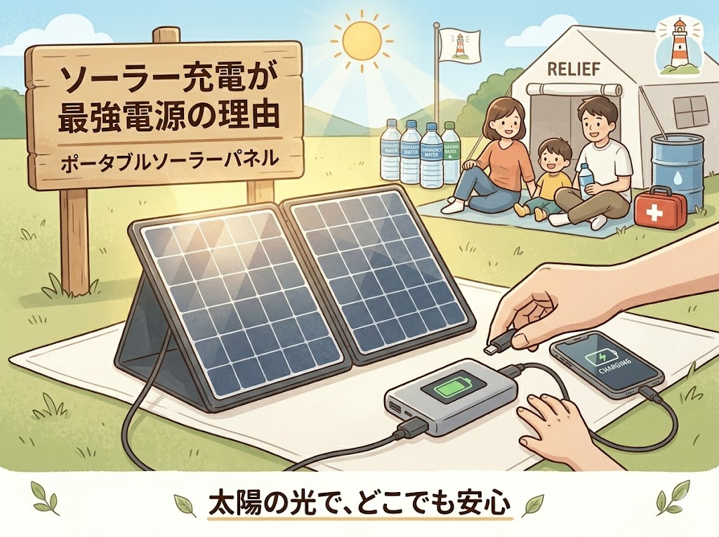 ポータブルソーラーパネルで充電する防災シーンのイラスト