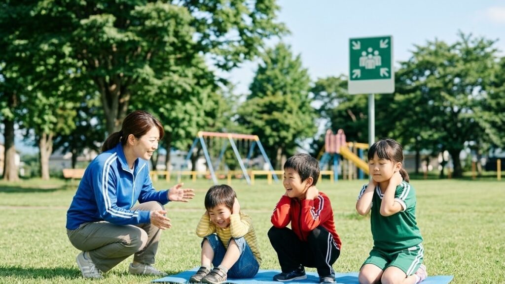 年齢別の子供向け避難訓練のポイント 遊び感覚でダンゴムシのポーズを練習する子供たち