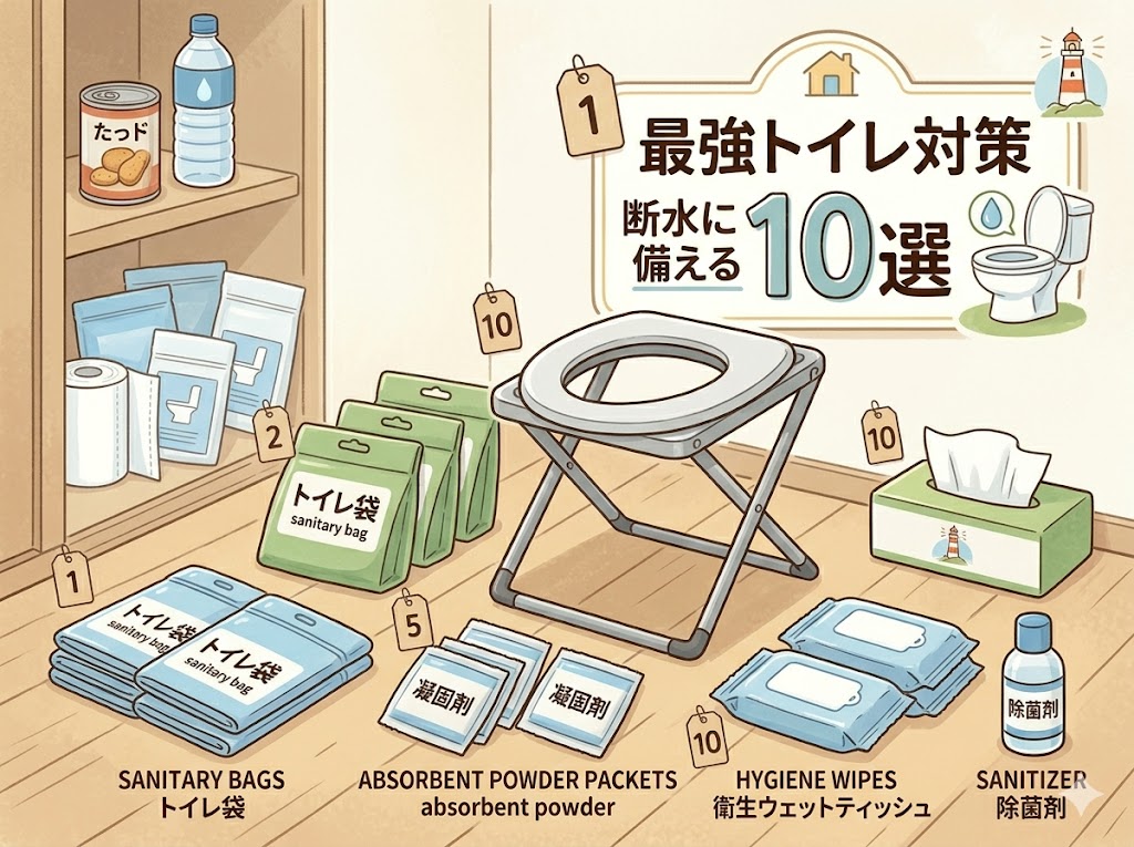 携帯トイレと凝固剤セットの防災グッズイラスト