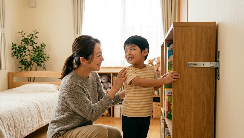 部屋の安全対策で子供の不安を減らす 壁に固定された本棚を一緒に確認する親子