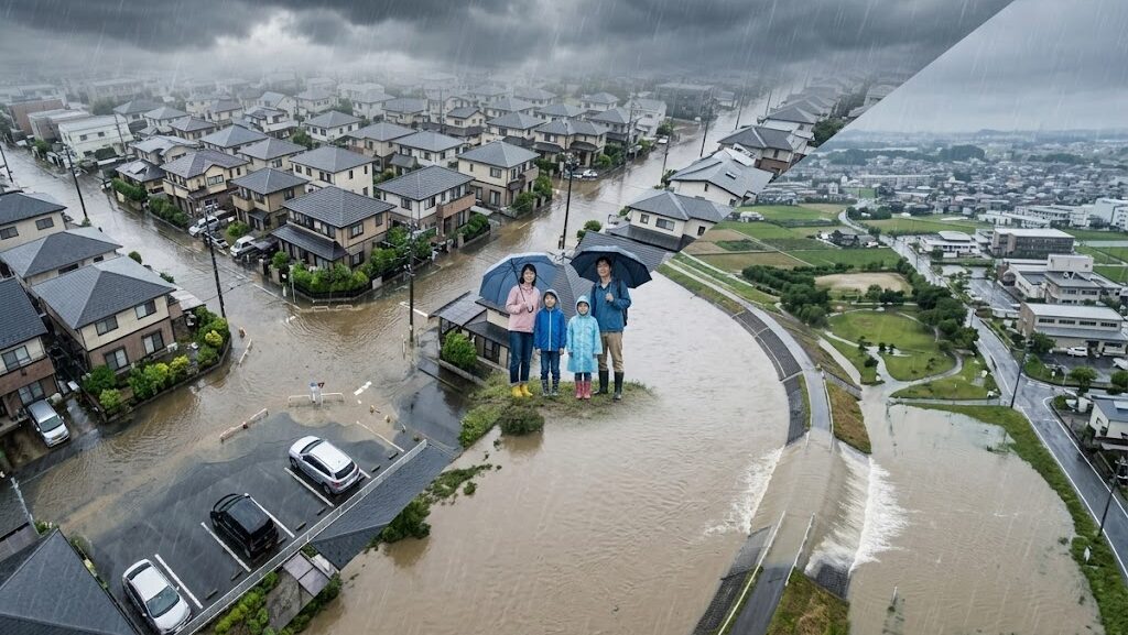 都市型水害の仕組み　アスファルト舗装による雨水流出と浸水のイメージ