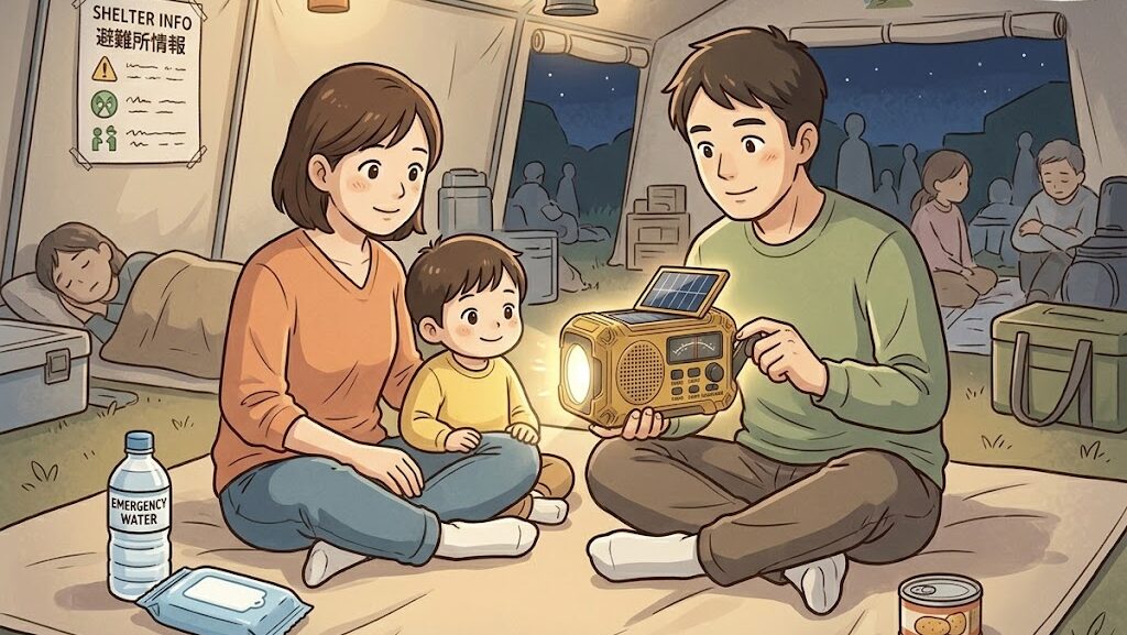 避難中に防災ラジオで情報収集するシーンのイラスト