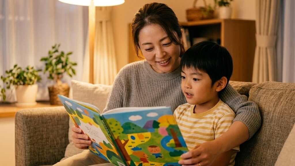 絵本を使った子供の恐怖心の和らげ方 ソファで絵本の読み聞かせをする母親と子供