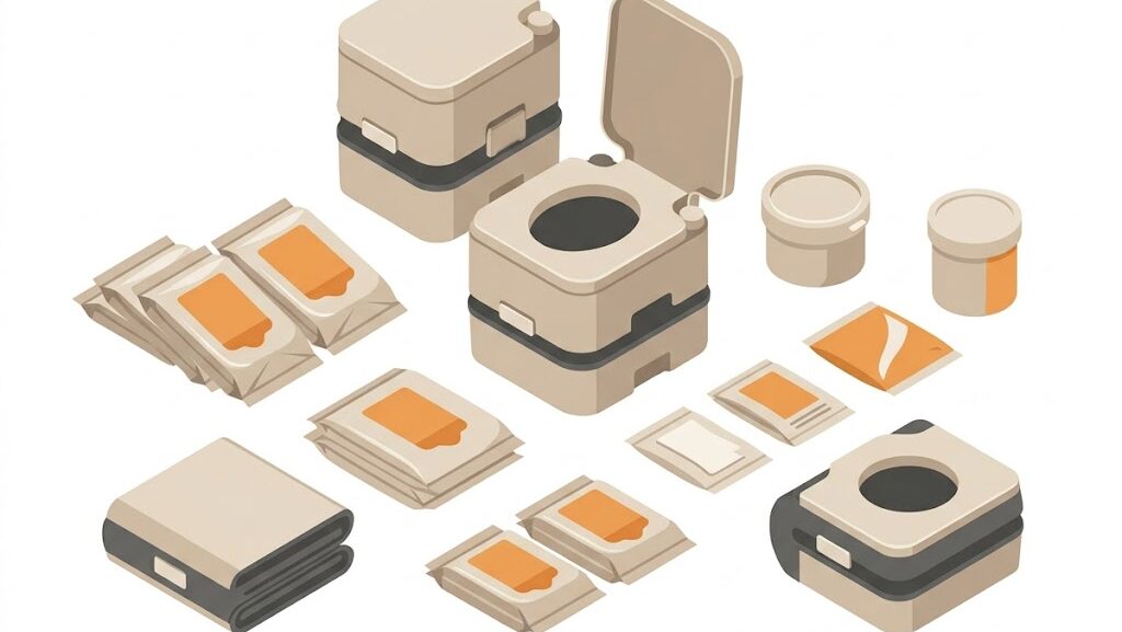 簡易トイレと非常用トイレ袋を並べた備蓄イメージのイラスト