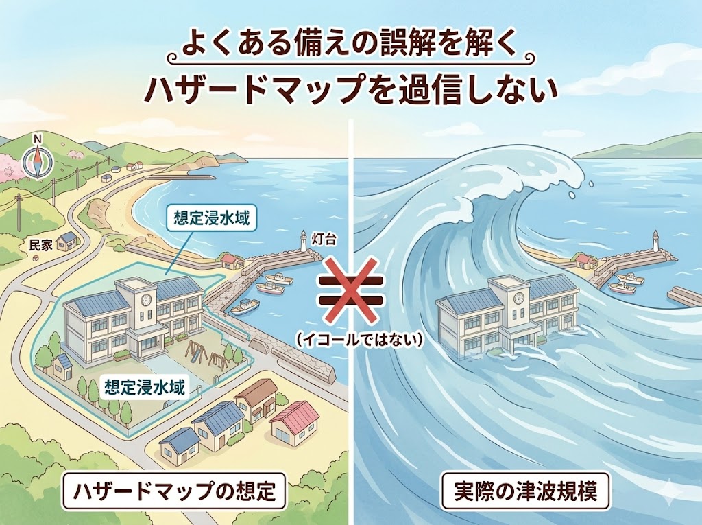 ハザードマップの想定と実際の津波規模の違いを示す図解イラスト