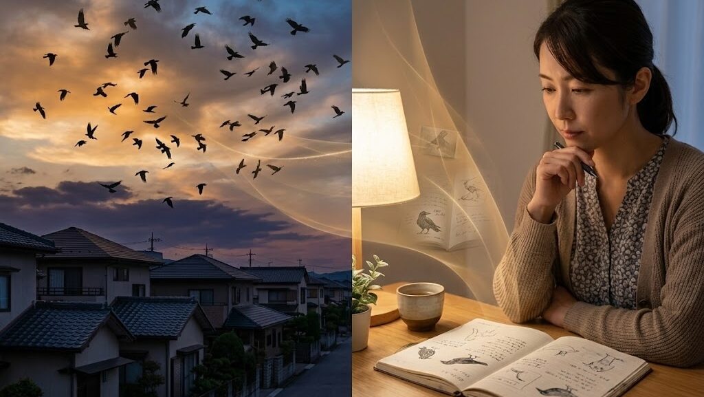 夕暮れのカラスの群れと、記録を見ながら冷静に考える日本人女性の対比イメージ