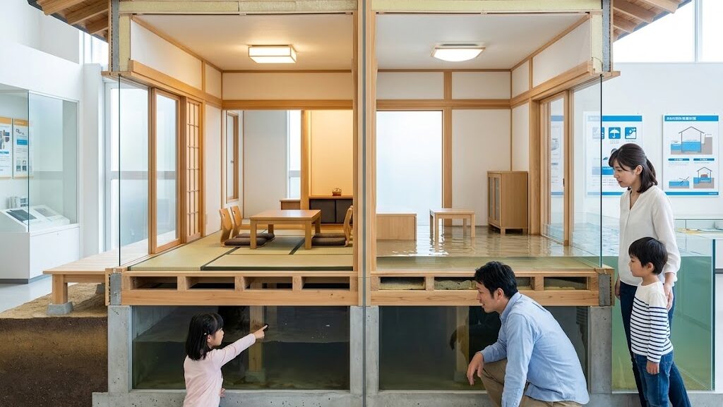 床上浸水と床下浸水の違いを示す住宅浸水の比較イメージ