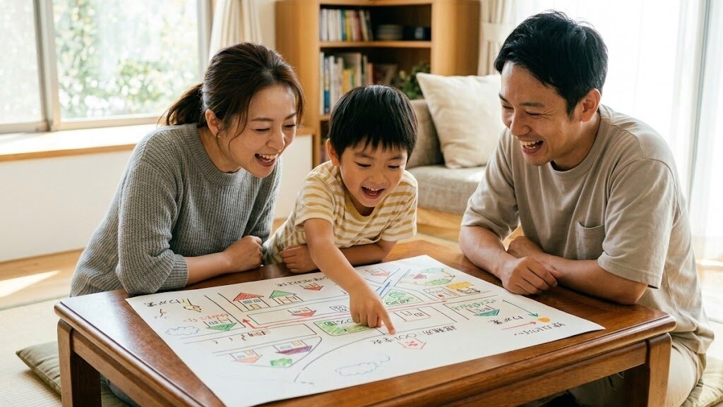 地震への恐怖を克服する防災教育 家族で避難経路の地図を一緒に確認している様子