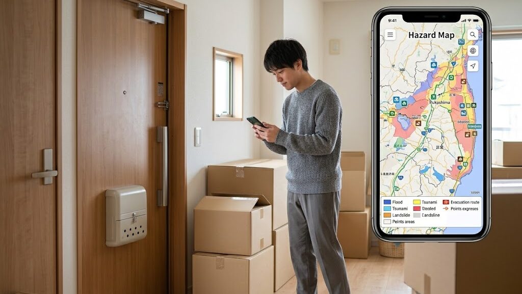 引越し直後にスマートフォンでハザードマップを確認している様子