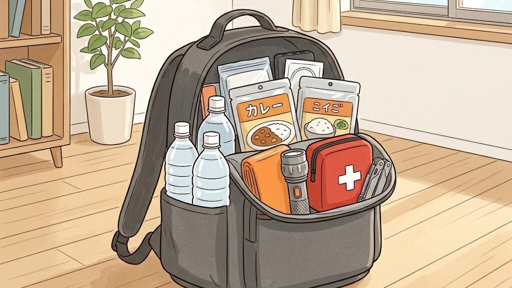 防災リュックに最低限必要なグッズを詰めた状態のイメージ画像