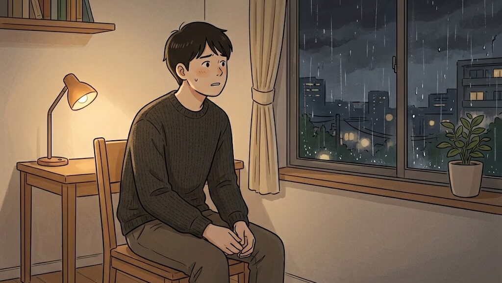 夜の一人暮らしの部屋で防災の不安を感じる若い日本人のイメージ