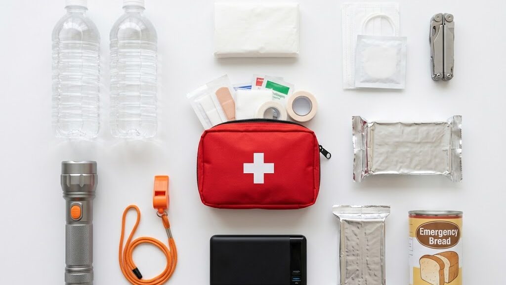 新生活に必要な防災グッズの基本アイテムを並べたフラットレイ画像