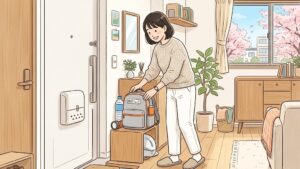 新生活を始めた一人暮らしの女性が玄関近くに防災グッズを準備している様子