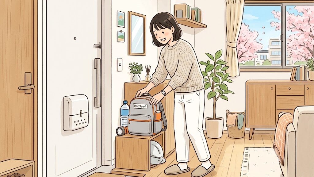 新生活を始めた一人暮らしの女性が玄関近くに防災グッズを準備している様子