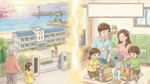 過去の学校と現代の家族の防災準備を「希望の光」でつなぐアイキャッチイラスト