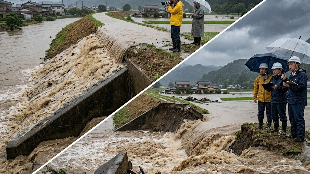 河川の越水や堤防決壊による外水氾濫の発生イメージ