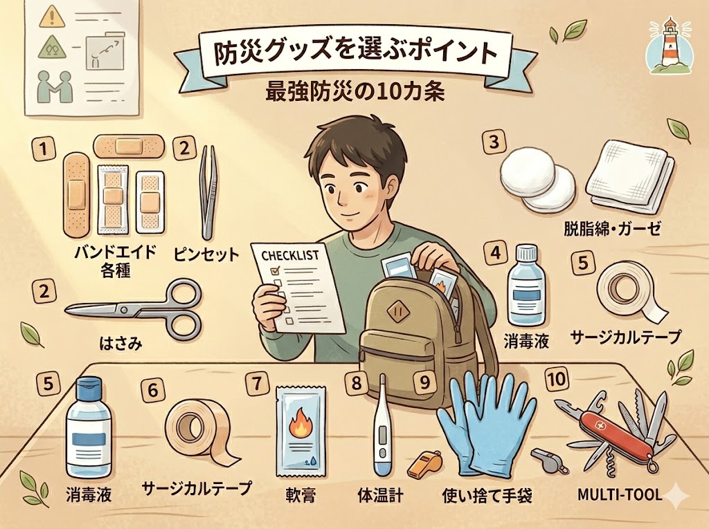 防災グッズの選び方を解説するイメージイラスト