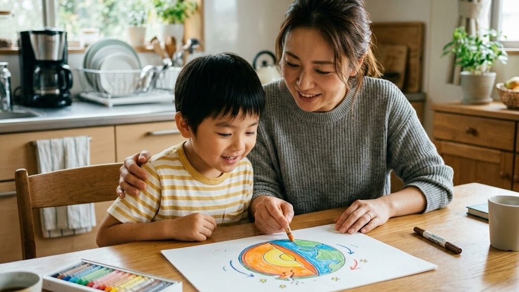 子供への地震のわかりやすい説明法 テーブルで手書きの図を見ながら地震を説明する親子