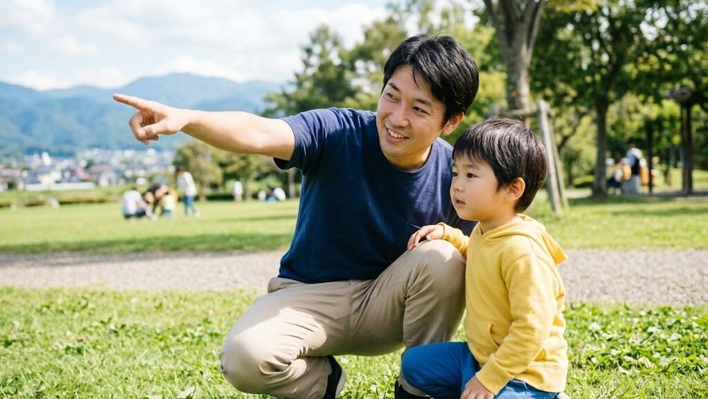地震が怖い子供をわかりやすく安心させる方法 公園で子供に笑顔で話しかける父親