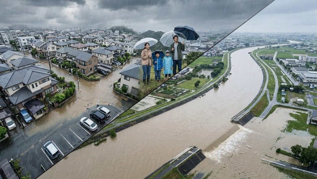 内水氾濫と外水氾濫の違いを示すイメージ図　都市の浸水と河川洪水の比較