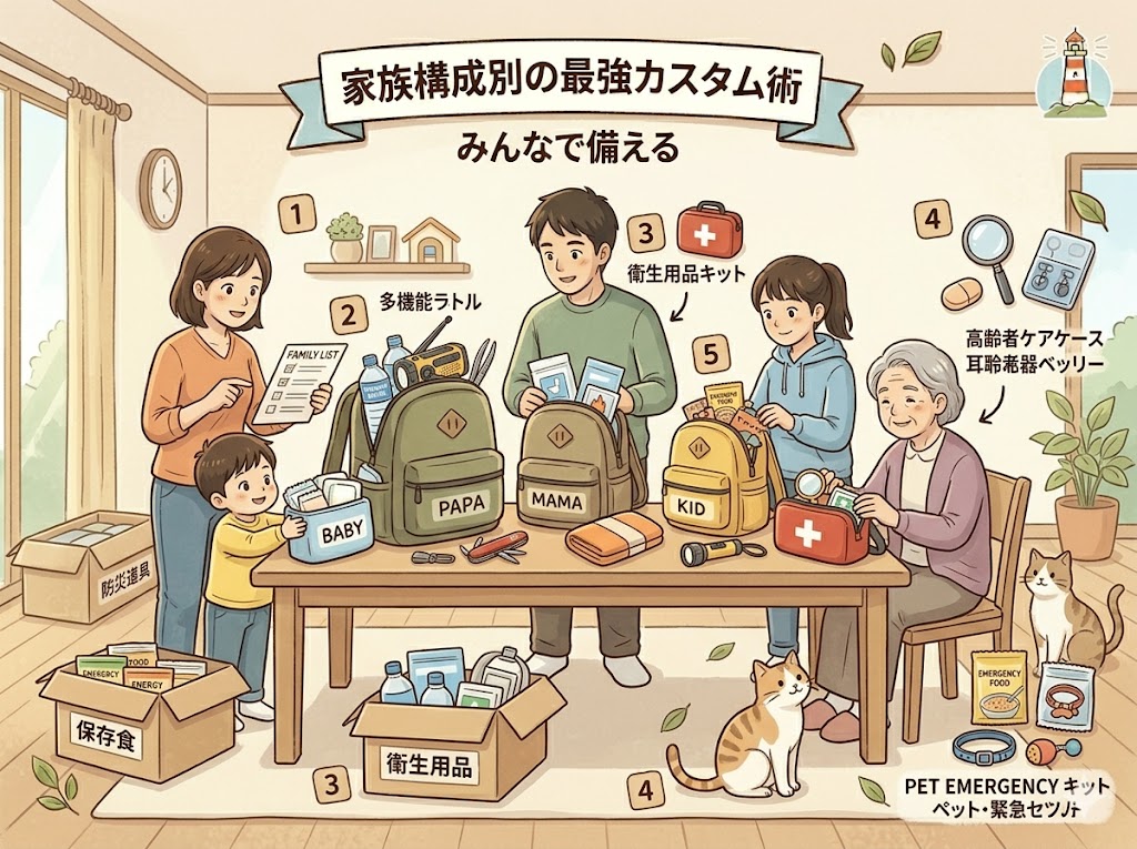 家族構成別に防災グッズをカスタマイズするシーンのイラスト
