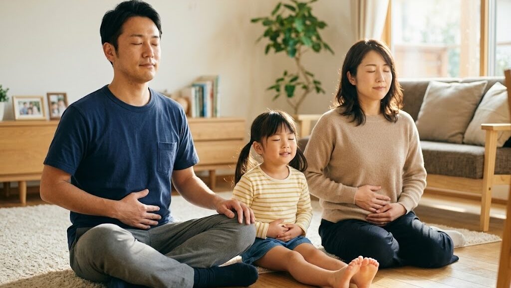 地震の不安を和らげる心のケア 家族でリビングに座り一緒に深呼吸している様子