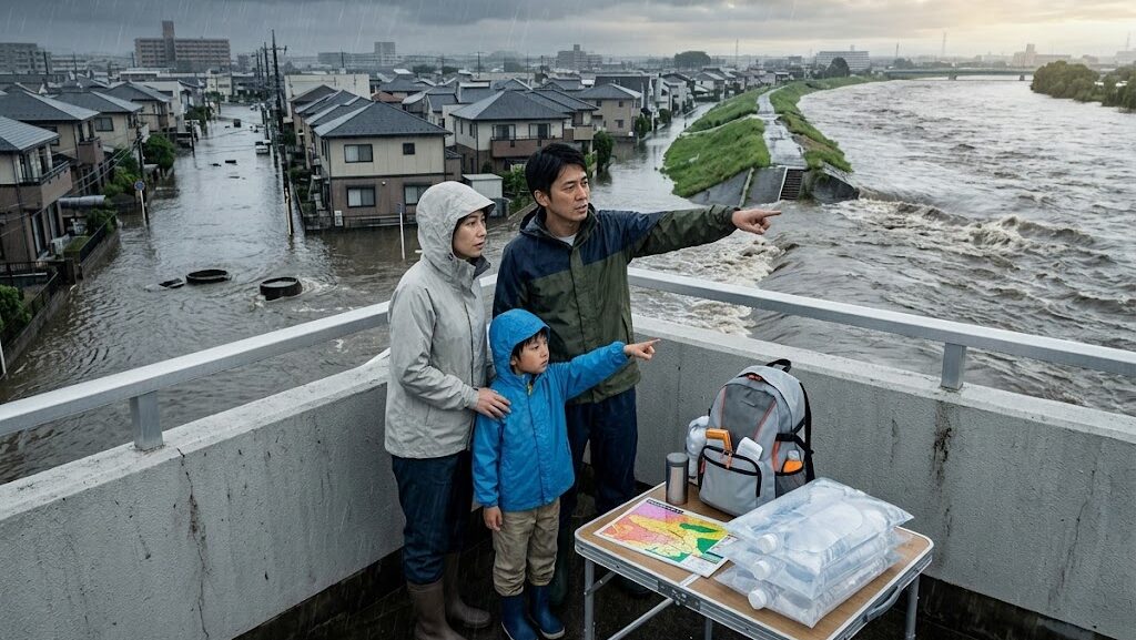 大雨の中、日本の住宅街を見下ろす高いプラットフォーム（避難場所）に立っている日本人家族（父親、母親、息子）。レインウェアを着た父親が swollen 濁流の河川（右側）を、息子が手前の折りたたみテーブルの上の防災用品（リュック、水、ランタン、地図）を指差している。左側には浸水した日本の住宅街、右側には水位が上昇した濁流の河川が広がっている。激しい雨と暗い積乱雲が空を覆い、防災と避難の重要性を伝える教育的な写真。