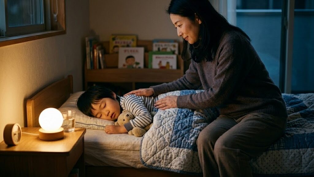 夜に眠れない子供への対処法
夜に子供の背中をやさしくさする保護者