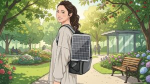 公園でソーラーパネル付き防災リュックを背負っている女性のイラスト