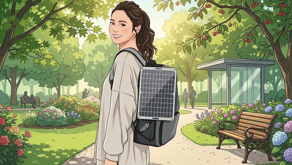 公園でソーラーパネル付き防災リュックを背負っている女性のイラスト