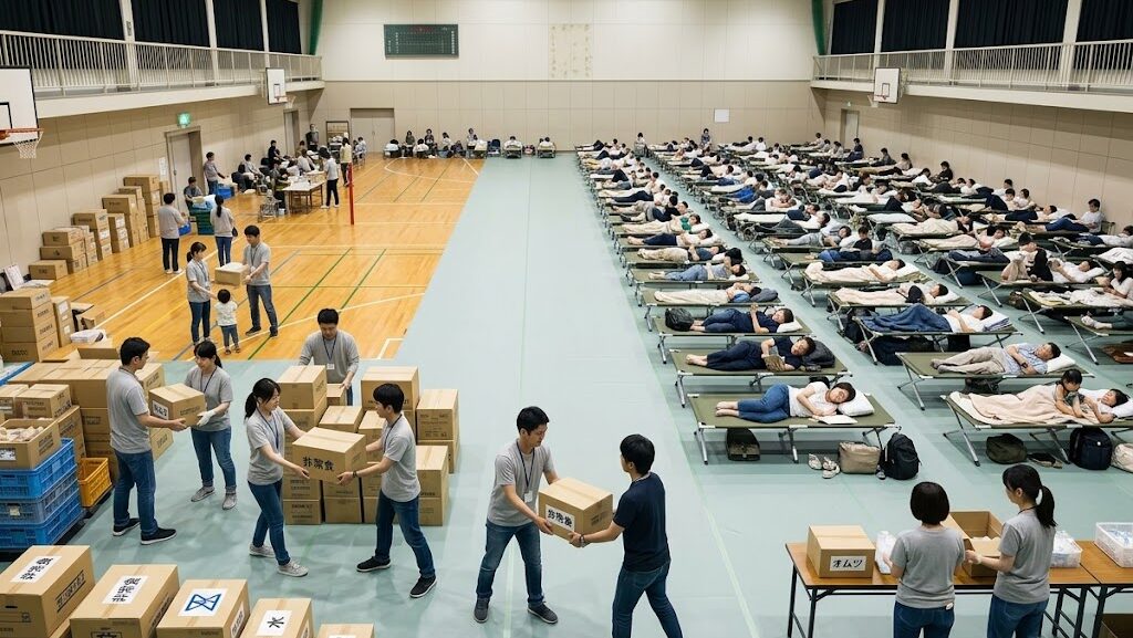 プッシュ型支援による広域避難体制としてボランティアが物資を整理する避難所の様子