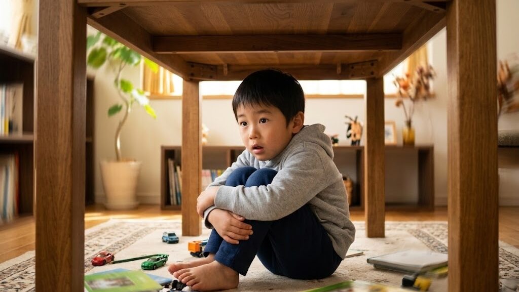 地震でパニックになる子供の心理 テーブルの下に身を隠して驚いている子供