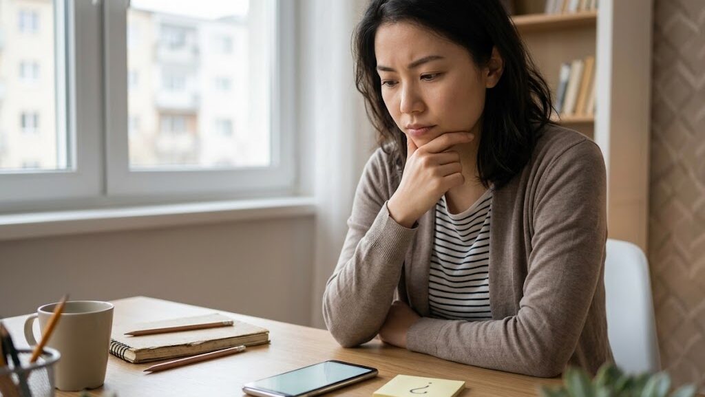 地震予知情報の信頼性を冷静に判断しようとする女性がスマートフォンを見るシーン