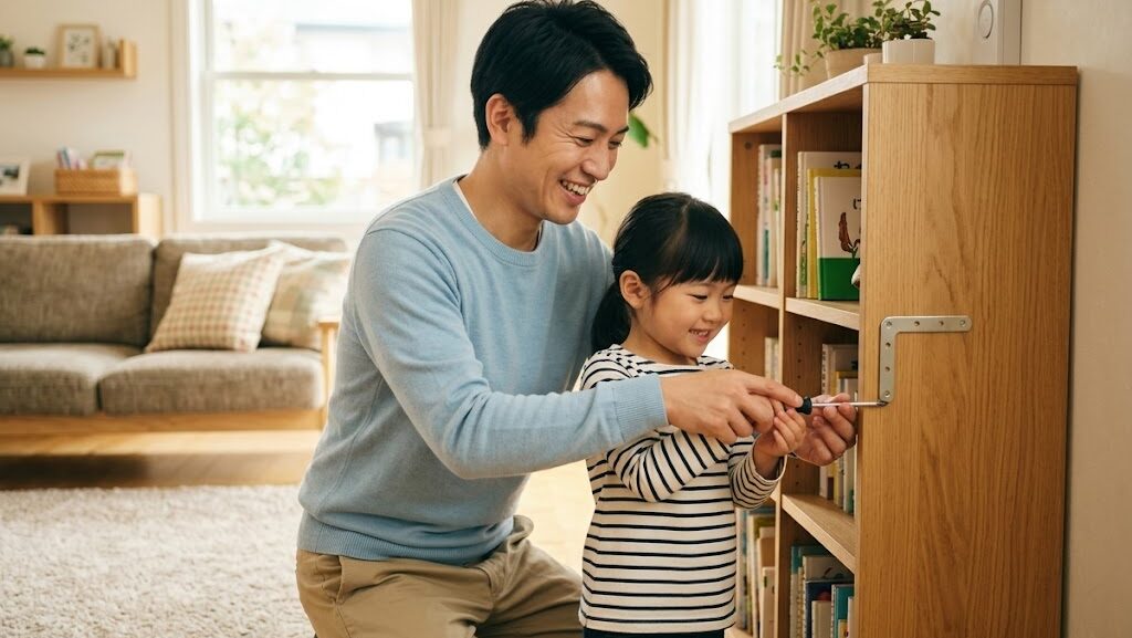 震度7への備えとして親子が家具の転倒防止金具を取り付けているリビングのシーン