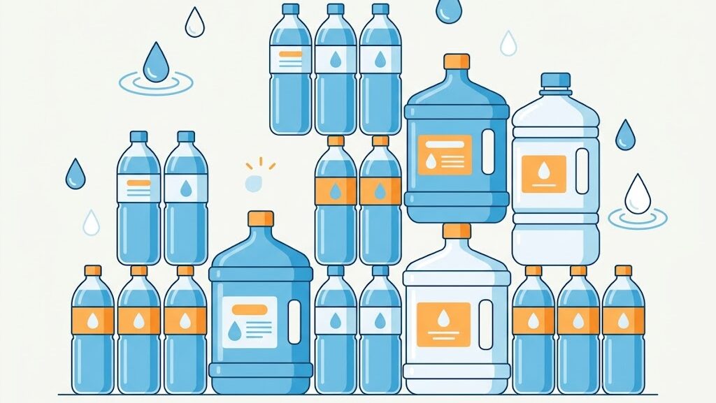 飲料水のペットボトルを複数並べた備蓄イメージのイラスト