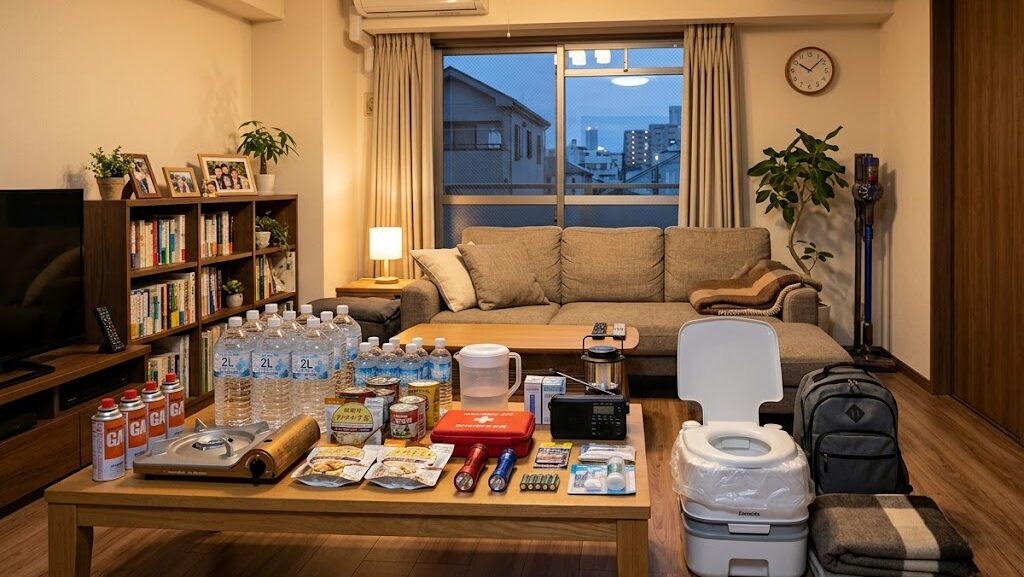 在宅避難に備えた備蓄品を揃えたリビング