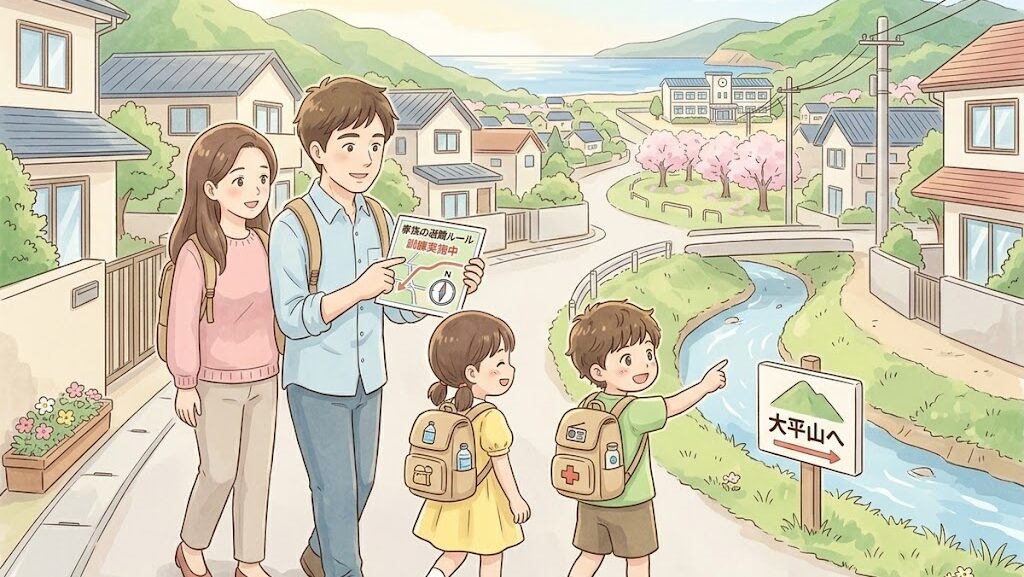 家族で避難経路を実際に歩いて確認しているイラスト