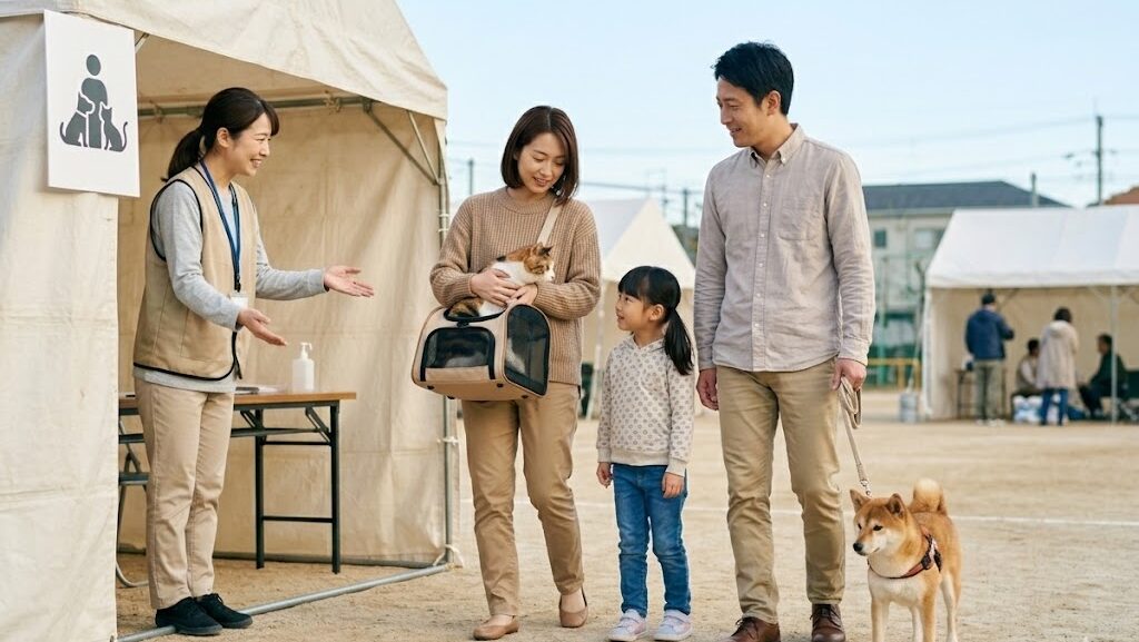 猫用キャリーと犬のリードを持って避難所に到着し、ボランティアに迎えられる日本人家族